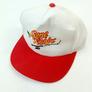 Vintage Gone Fishin' MMB Headwear Mesh Snapback 2 Tone Red White Trucker Hat Cap